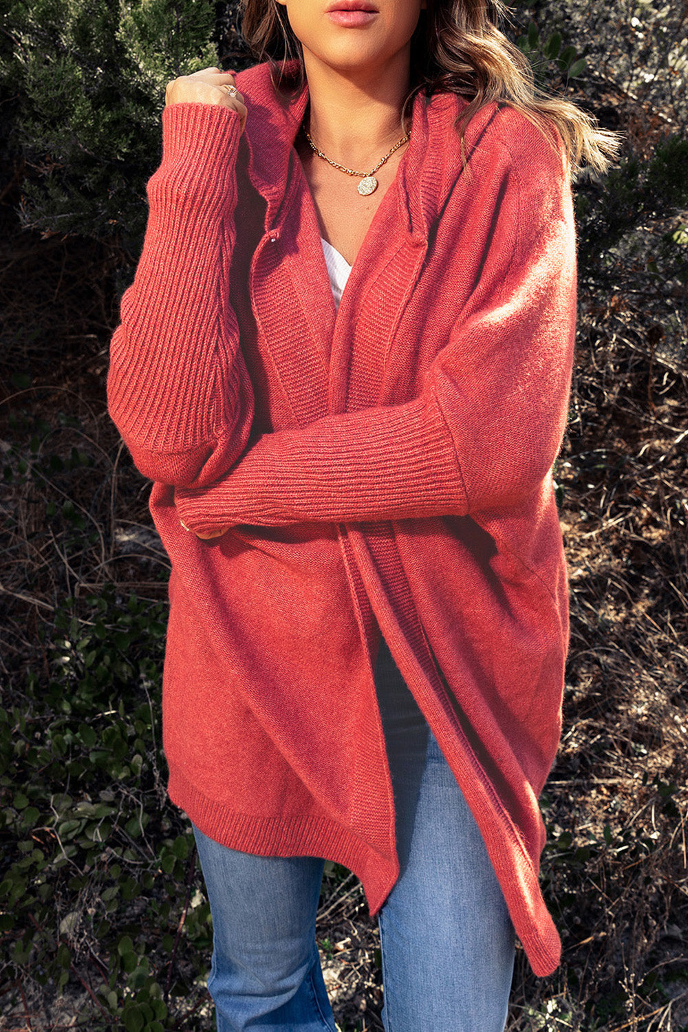 Open Front Ribbed Trim Hooded Cardigan